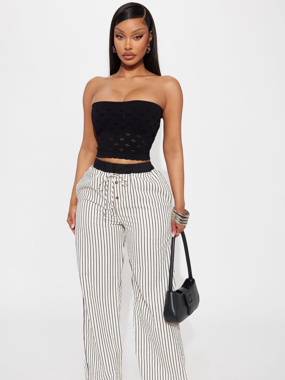 Fashion Nova Black & White High-Waist Wide Leg Striped Pants